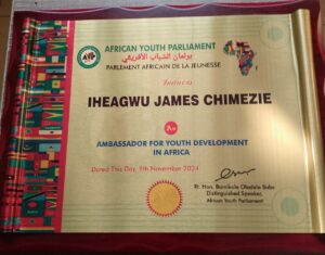 Amb Iheagwu James Chimezie Inducted as Ambassador for Youth Development in Africa by the African Youth Parliament